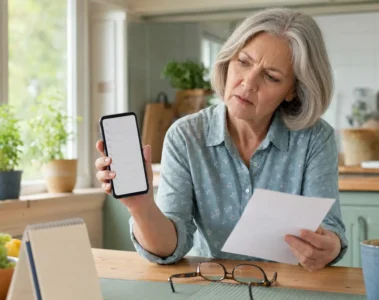 Femme comparant un journal d’appels vide avec un rappel papier.