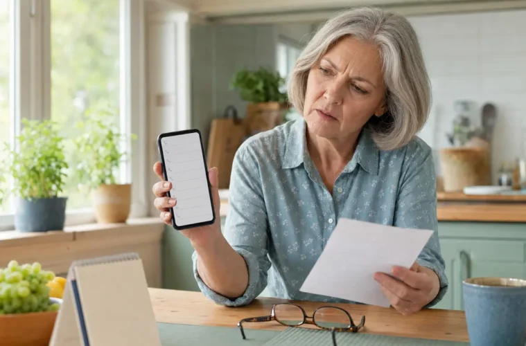Femme comparant un journal d’appels vide avec un rappel papier.