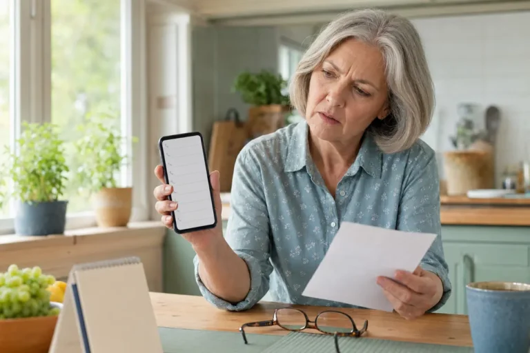 Femme comparant un journal d’appels vide avec un rappel papier.