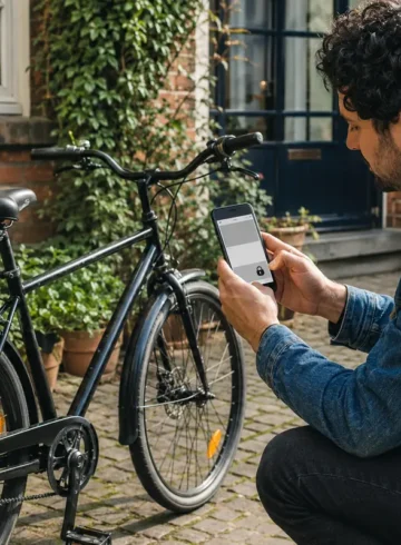 Vendeur préparant une annonce de vélo avec le numéro de téléphone masqué.