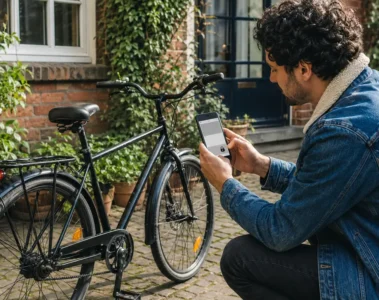 Vendeur préparant une annonce de vélo avec le numéro de téléphone masqué.