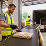Colis scanné au départ d’un centre logistique avant son chargement dans un camion.