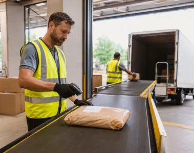 Colis scanné au départ d’un centre logistique avant son chargement dans un camion.