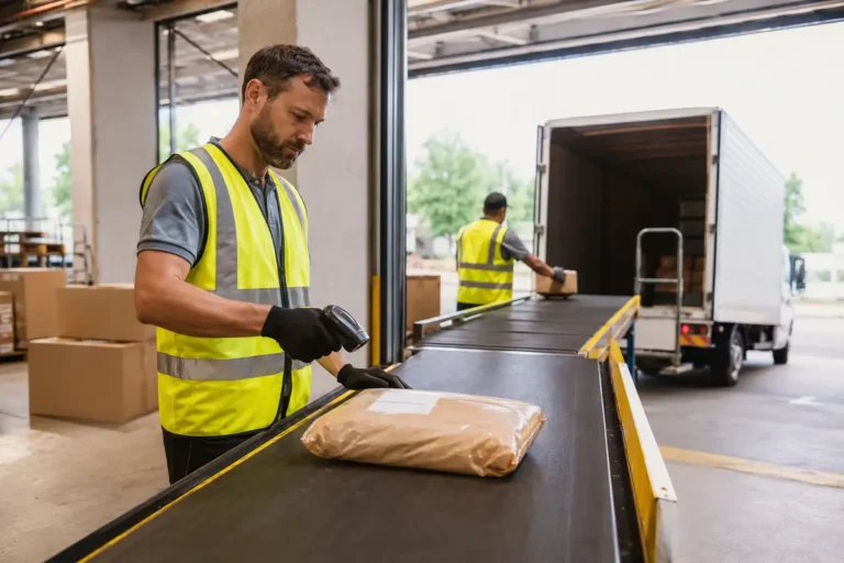 Colis scanné au départ d’un centre logistique avant son chargement dans un camion.