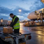 Agent contrôlant un colis dans un hub de fret aéroportuaire européen.