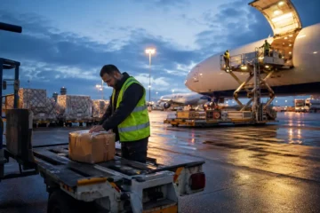 Agent contrôlant un colis dans un hub de fret aéroportuaire européen.