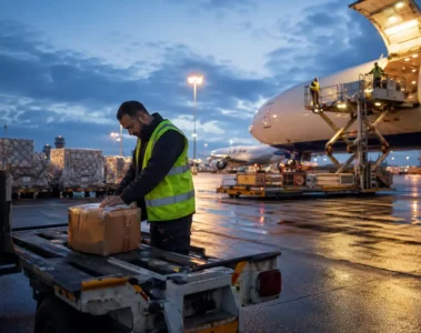 Agent contrôlant un colis dans un hub de fret aéroportuaire européen.
