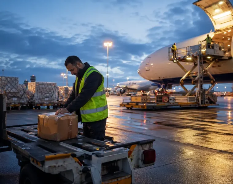 Agent contrôlant un colis dans un hub de fret aéroportuaire européen.
