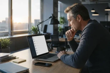 Employé cherchant un message non lu inexistant dans sa messagerie.