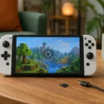 Console portable affichant un jeu de construction en blocs figé