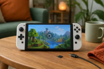 Console portable affichant un jeu de construction en blocs figé