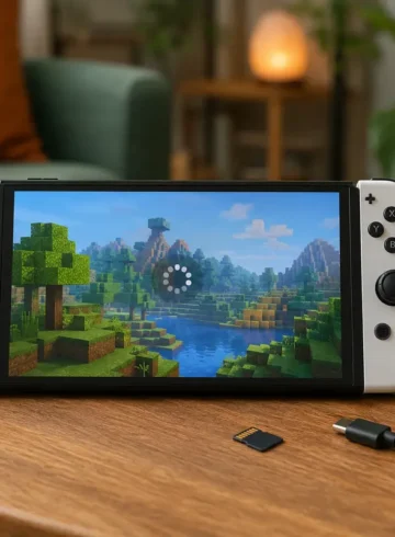 Console portable affichant un jeu de construction en blocs figé
