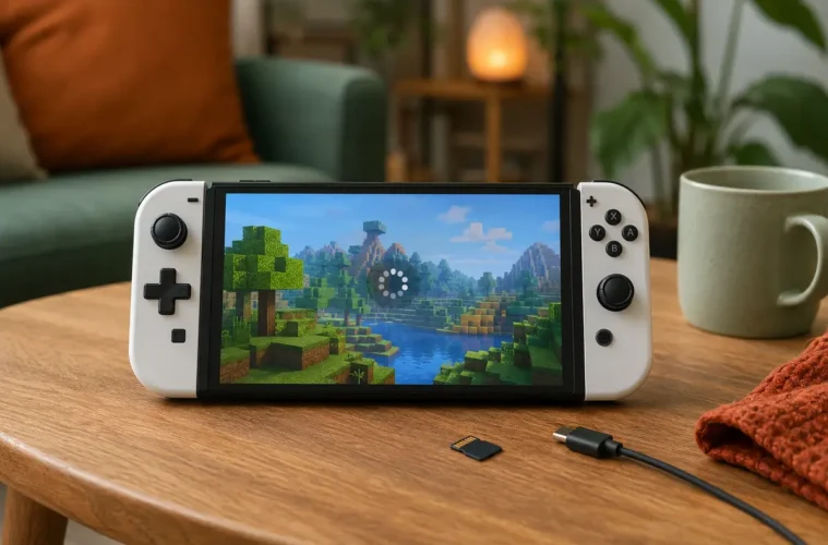 Console portable affichant un jeu de construction en blocs figé