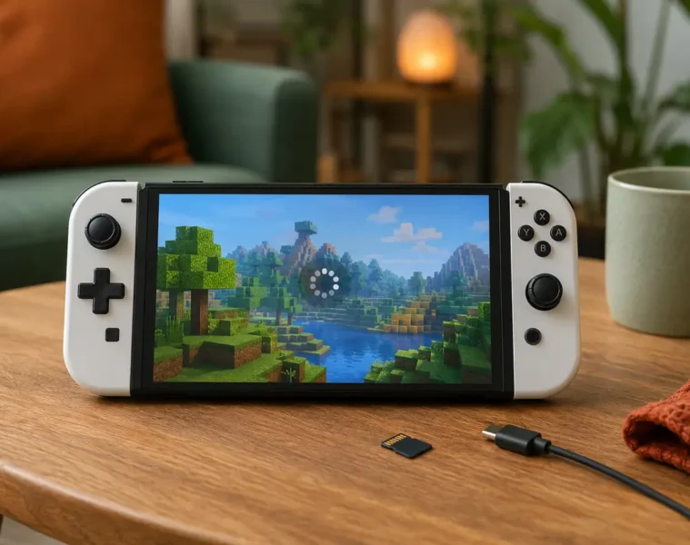 Console portable affichant un jeu de construction en blocs figé
