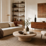Mobilier Design 2026 : les pièces intemporelles pour un intérieur réussi Salon contemporain avec canapé arrondi, fauteuil, table basse en pierre et buffet en bois