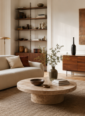Salon contemporain avec canapé arrondi, fauteuil, table basse en pierre et buffet en bois