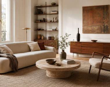 Salon contemporain avec canapé arrondi, fauteuil, table basse en pierre et buffet en bois