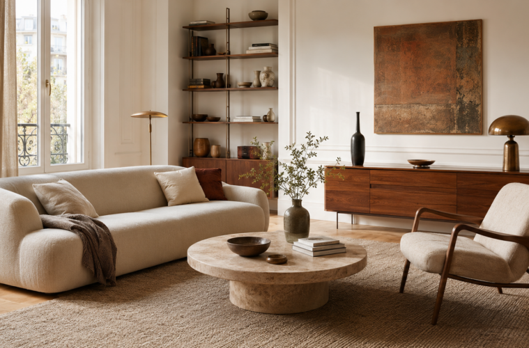 Salon contemporain avec canapé arrondi, fauteuil, table basse en pierre et buffet en bois