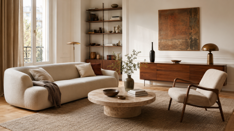 Salon contemporain avec canapé arrondi, fauteuil, table basse en pierre et buffet en bois