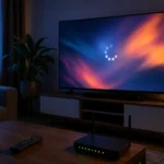 Télévision affichant un chargement vidéo près d’un routeur Wi-Fi