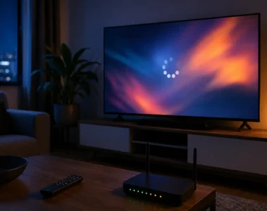 Télévision affichant un chargement vidéo près d’un routeur Wi-Fi