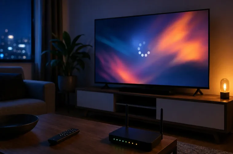 Télévision affichant un chargement vidéo près d’un routeur Wi-Fi