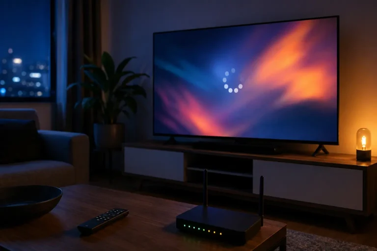 Télévision affichant un chargement vidéo près d’un routeur Wi-Fi