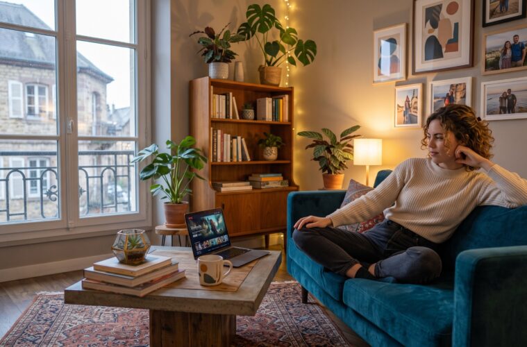 Femme assise sur un canapé regardant un ordinateur portable dans un salon