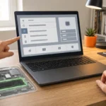 Ordinateur portable ouvert sur un écran générique de microprogramme avec SSD mis en évidence