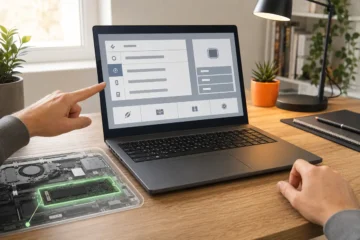 Ordinateur portable ouvert sur un écran générique de microprogramme avec SSD mis en évidence