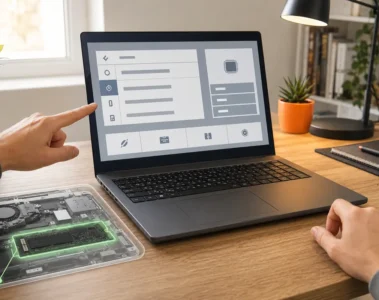 Ordinateur portable ouvert sur un écran générique de microprogramme avec SSD mis en évidence