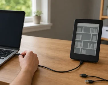Liseuse électronique reliée par câble USB à un ordinateur portable
