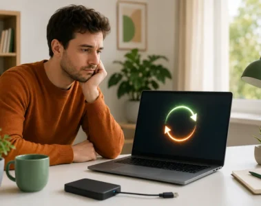 Utilisateur attendant devant un ordinateur portable symboliquement bloqué dans une boucle de redémarrage