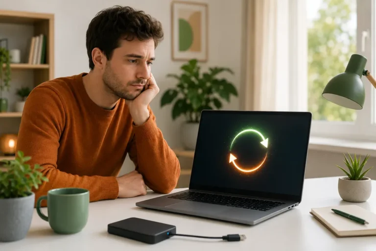 Utilisateur attendant devant un ordinateur portable symboliquement bloqué dans une boucle de redémarrage