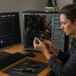 Technicienne contrôlant la pile et les câbles d’un PC bloqué au démarrage.