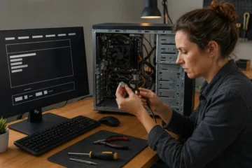 Technicienne contrôlant la pile et les câbles d’un PC bloqué au démarrage.