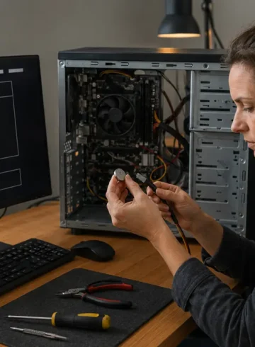 Technicienne contrôlant la pile et les câbles d’un PC bloqué au démarrage.