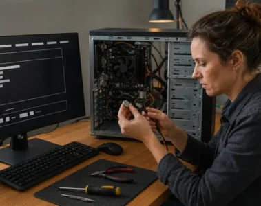 Technicienne contrôlant la pile et les câbles d’un PC bloqué au démarrage.