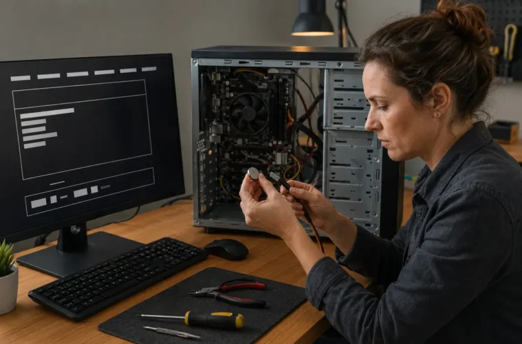 Technicienne contrôlant la pile et les câbles d’un PC bloqué au démarrage.
