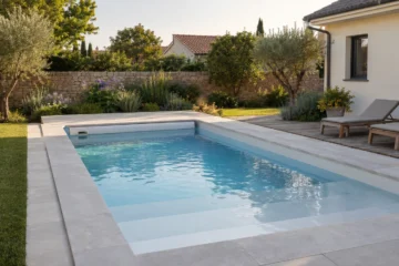 Piscine coque rectangulaire avec plage immergée et volet dans un jardin
