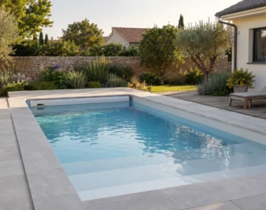 Piscine coque rectangulaire avec plage immergée et volet dans un jardin