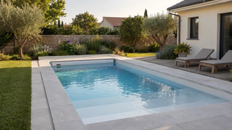 Piscine coque rectangulaire avec plage immergée et volet dans un jardin