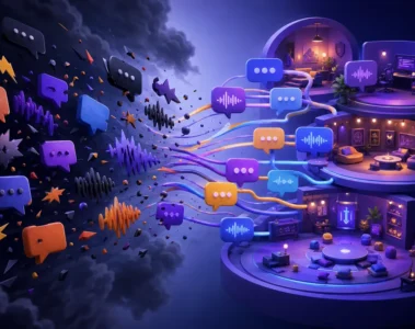 Bulles de discussion dispersées qui se relient en communautés organisées