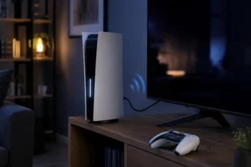 Console de salon allumée seule près d’un téléviseur éteint