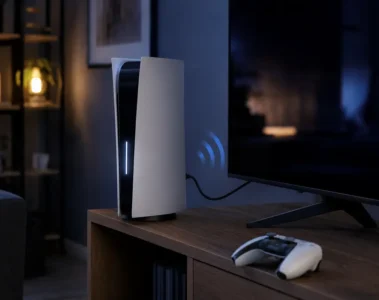 Console de salon allumée seule près d’un téléviseur éteint