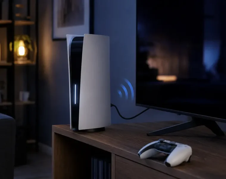 Console de salon allumée seule près d’un téléviseur éteint