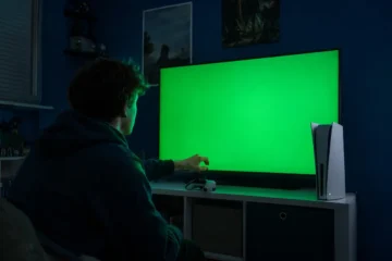 Joueur face à un écran vert provoqué par sa console avant son extinction.