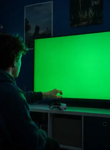 Joueur face à un écran vert provoqué par sa console avant son extinction.