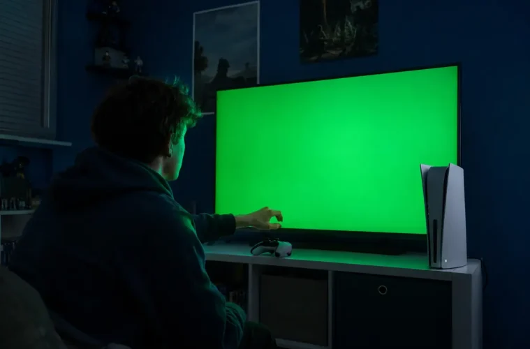 Joueur face à un écran vert provoqué par sa console avant son extinction.