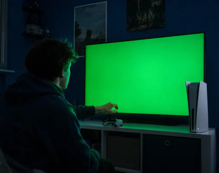 Joueur face à un écran vert provoqué par sa console avant son extinction.